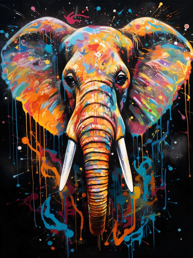 Touteladeco / Toile / Tableau / éléphant pop art / tableau éléphant coloré / art mural urbain / décoration moderne / peinture éclaboussée / animal totem mural / toile arty éléphant / art contemporain animal / déco puissante / tableau original street art