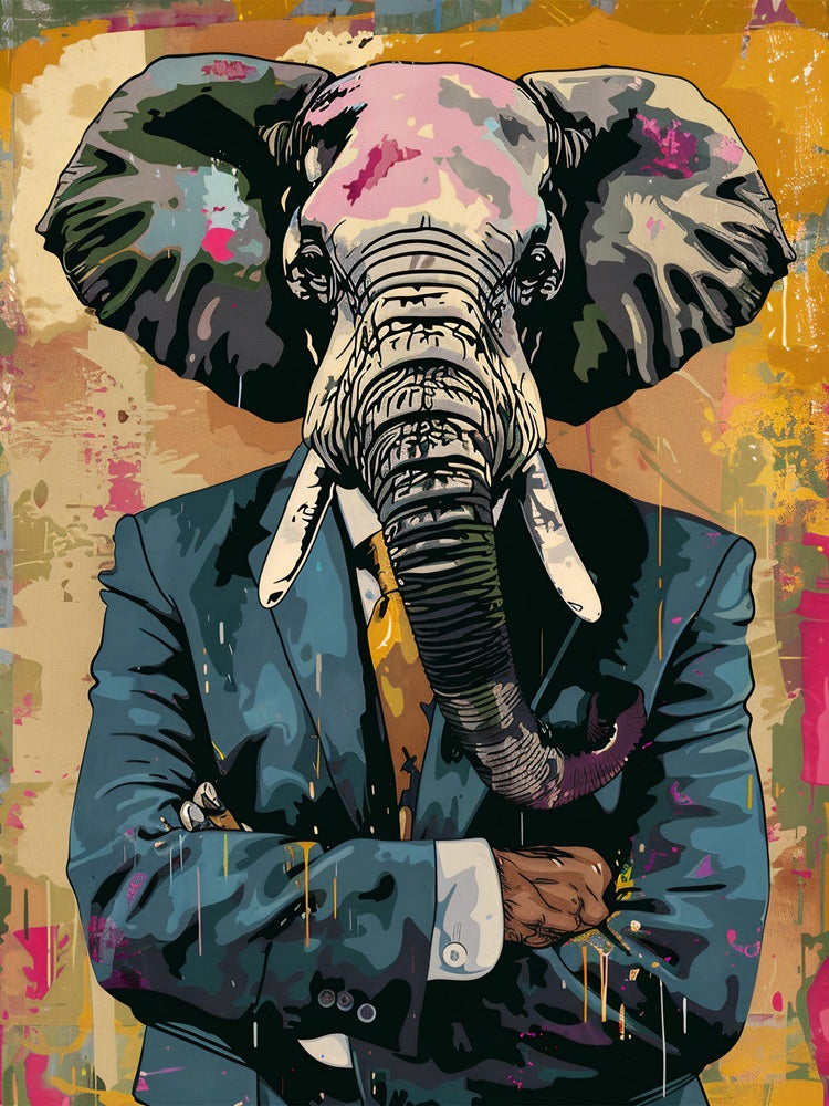 Touteladeco / Toile / Tableau / tableau éléphant / street art / pop art / décoration murale / animal en costume / art moderne / toile originale / déco audacieuse / œuvre colorée