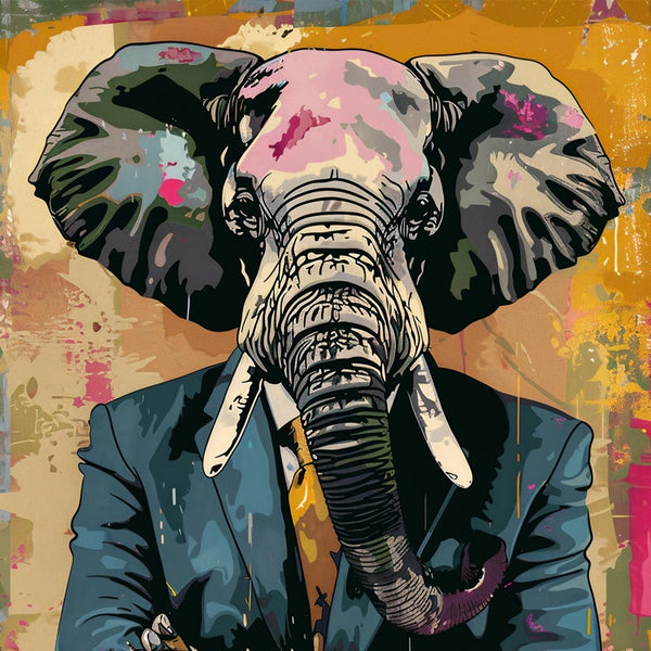 Touteladeco / Toile / Tableau / tableau éléphant / street art / pop art / décoration murale / animal en costume / art moderne / toile originale / déco audacieuse / œuvre colorée