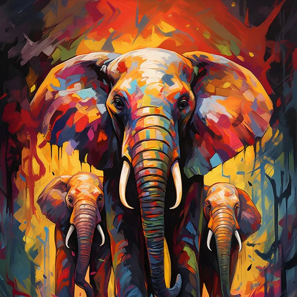 Touteladeco / Toile / Tableau / éléphant / famille éléphants / pop art / tableau animal / décoration murale / art urbain / street art / toile moderne / couleurs vives / puissance