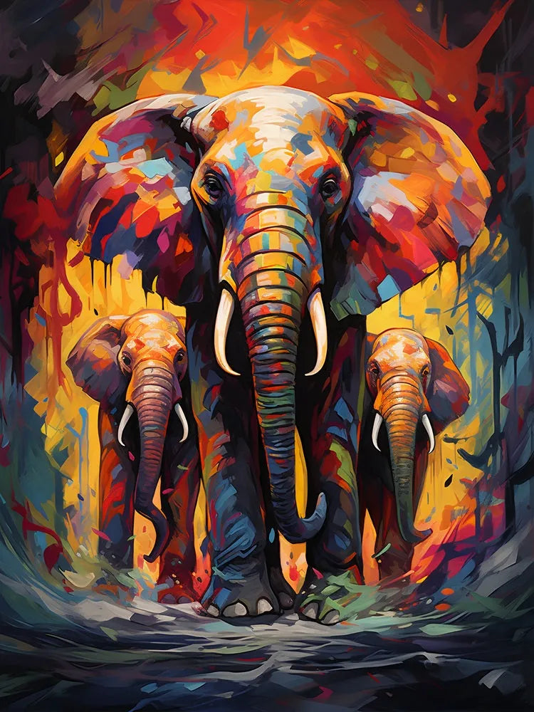 Touteladeco / Toile / Tableau / éléphant / famille éléphants / pop art / tableau animal / décoration murale / art urbain / street art / toile moderne / couleurs vives / puissance