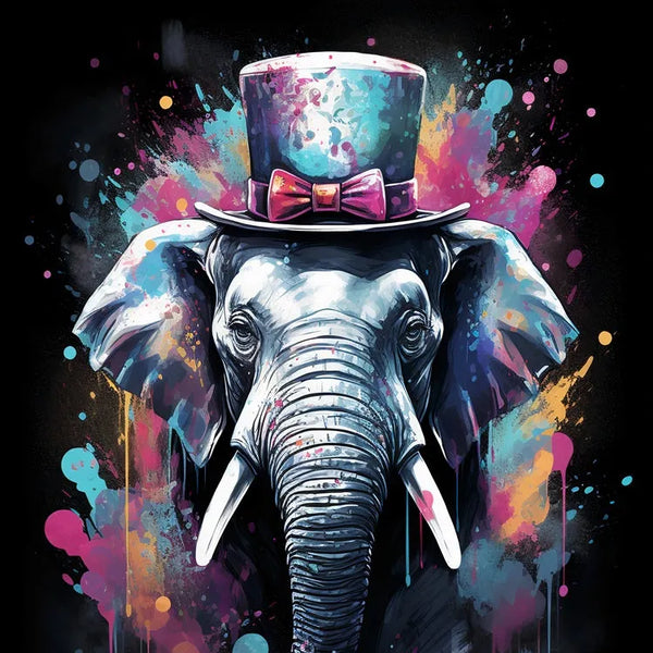 Touteladeco / toile / tableau / tableau éléphant / haut-de-forme / pop art / street art / déco originale / animal stylisé / toile moderne / art urbain / peinture colorée / Elephant Chapeau