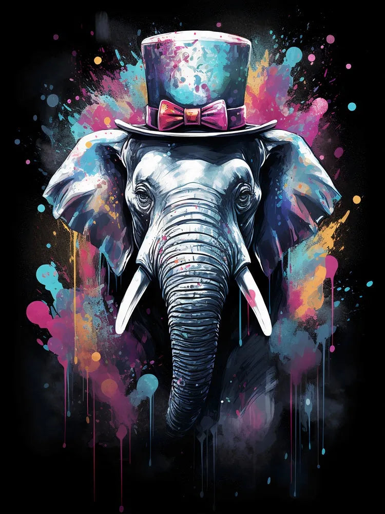 Touteladeco / toile / tableau / tableau éléphant / haut-de-forme / pop art / street art / déco originale / animal stylisé / toile moderne / art urbain / peinture colorée / Elephant Chapeau