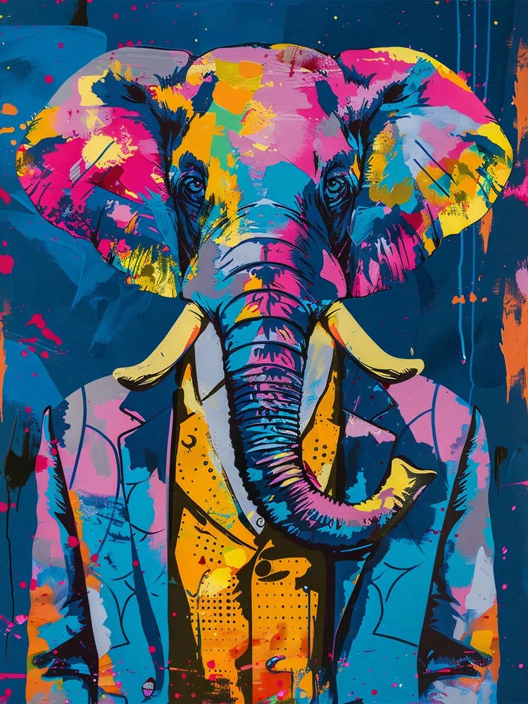 Touteladeco / Toile / Tableau / tableau éléphant / costume bleu / pop art / street art / déco moderne / animal en costume / art coloré / toile urbaine / peinture originale
