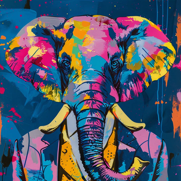 Touteladeco / Toile / Tableau / tableau éléphant / costume bleu / pop art / street art / déco moderne / animal en costume / art coloré / toile urbaine / peinture originale
