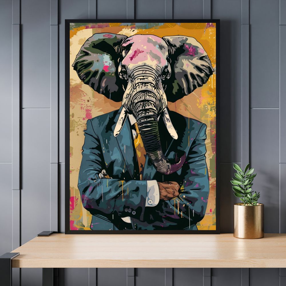Touteladeco / Toile / Tableau / tableau éléphant / street art / pop art / décoration murale / animal en costume / art moderne / toile originale / déco audacieuse / œuvre colorée