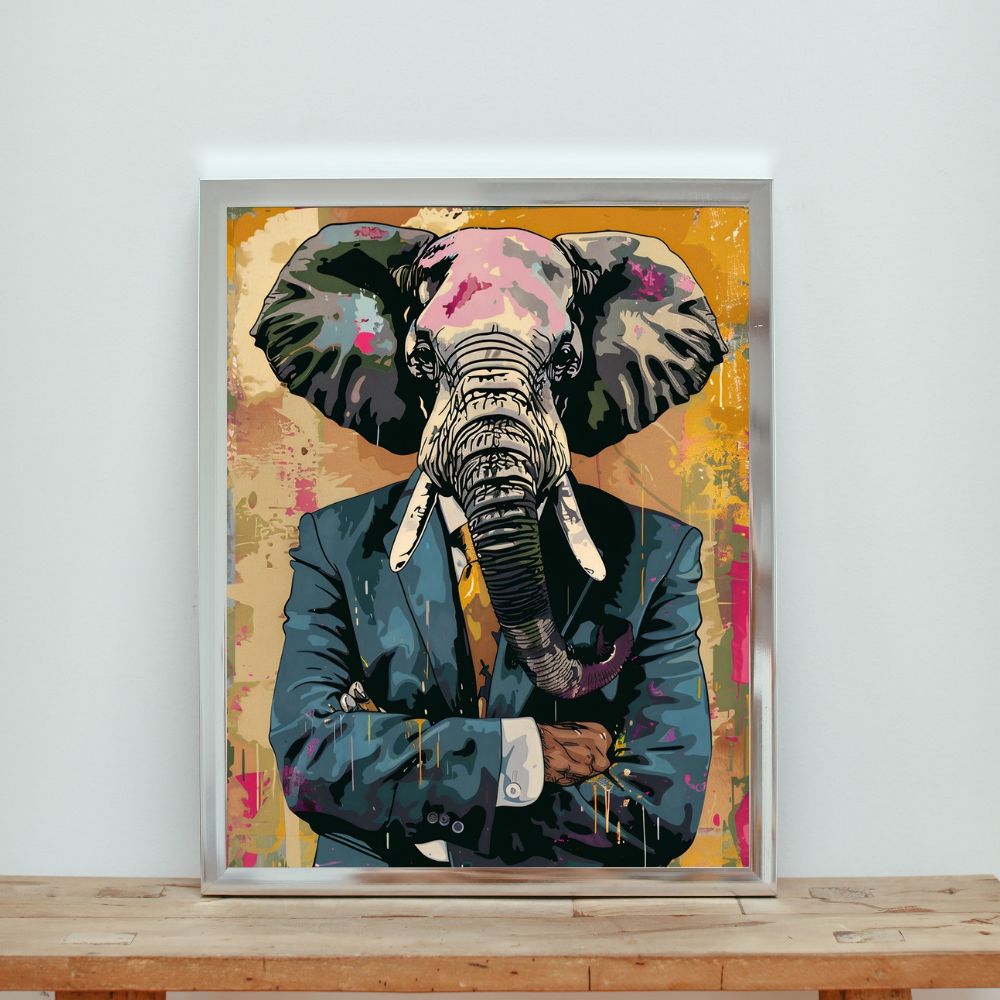 Touteladeco / Toile / Tableau / tableau éléphant / street art / pop art / décoration murale / animal en costume / art moderne / toile originale / déco audacieuse / œuvre colorée