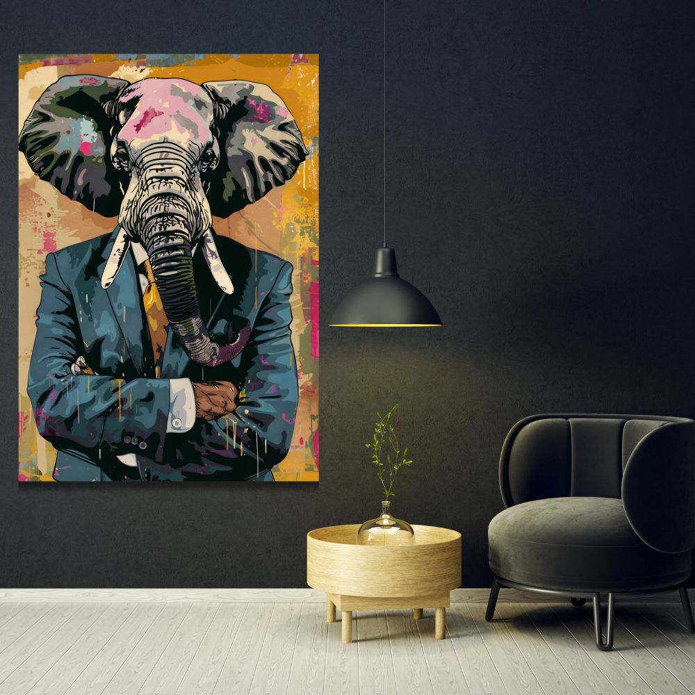 Touteladeco / Toile / Tableau / tableau éléphant / street art / pop art / décoration murale / animal en costume / art moderne / toile originale / déco audacieuse / œuvre colorée