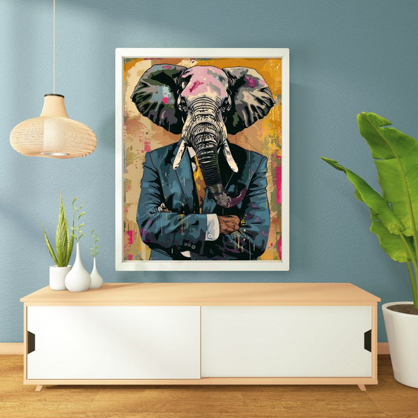 Touteladeco / Toile / Tableau / tableau éléphant / street art / pop art / décoration murale / animal en costume / art moderne / toile originale / déco audacieuse / œuvre colorée