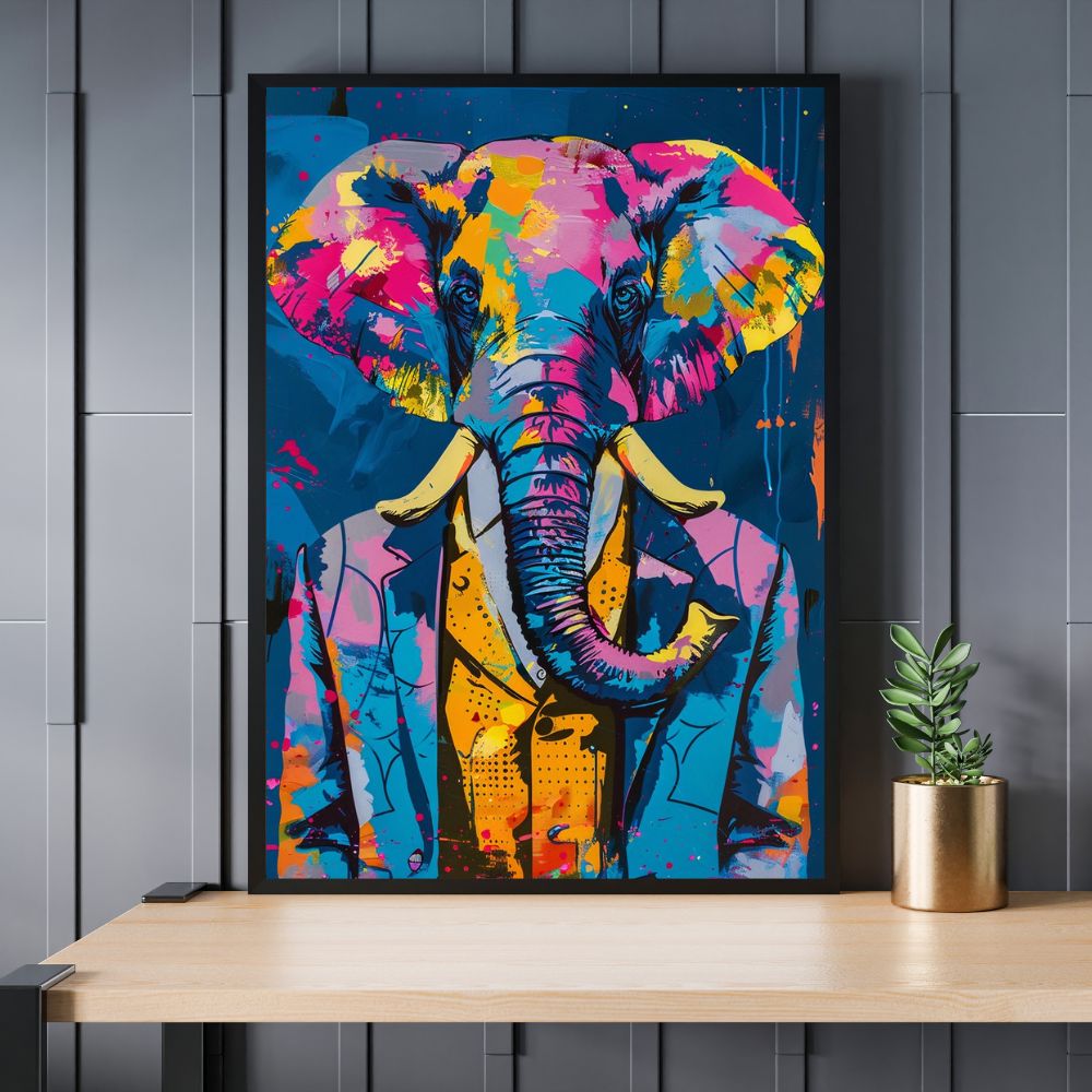 Touteladeco / Toile / Tableau / tableau éléphant / costume bleu / pop art / street art / déco moderne / animal en costume / art coloré / toile urbaine / peinture originale