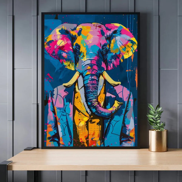 Touteladeco / Toile / Tableau / tableau éléphant / costume bleu / pop art / street art / déco moderne / animal en costume / art coloré / toile urbaine / peinture originale