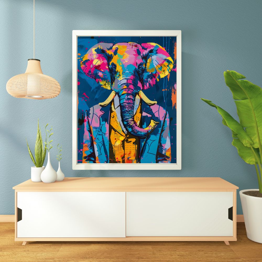 Touteladeco / Toile / Tableau / tableau éléphant / costume bleu / pop art / street art / déco moderne / animal en costume / art coloré / toile urbaine / peinture originale