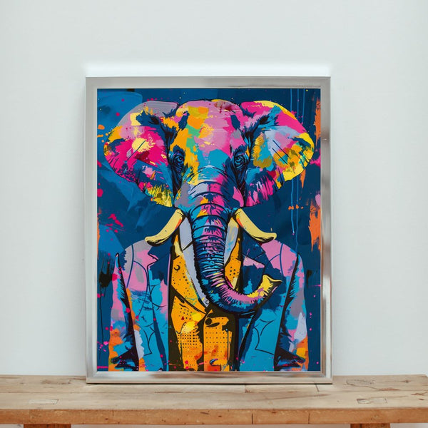 Touteladeco / Toile / Tableau / tableau éléphant / costume bleu / pop art / street art / déco moderne / animal en costume / art coloré / toile urbaine / peinture originale
