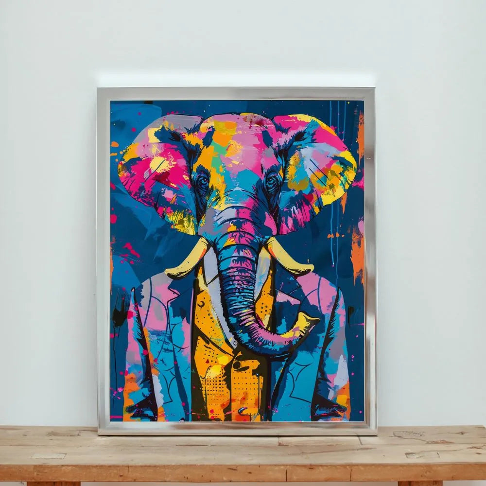 Touteladeco / Toile / Tableau / tableau éléphant / costume bleu / pop art / street art / déco moderne / animal en costume / art coloré / toile urbaine / peinture originale
