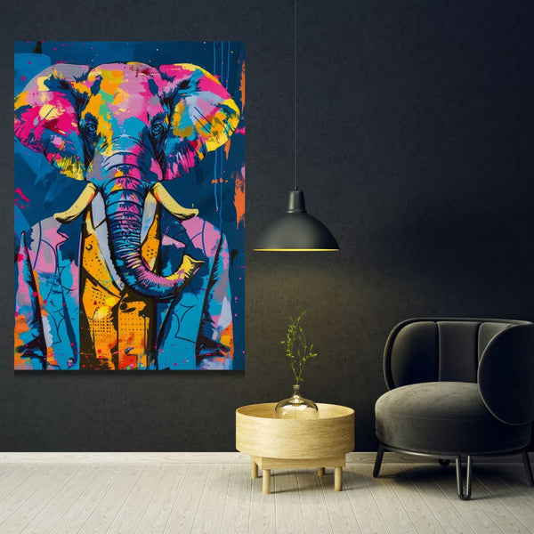 Touteladeco / Toile / Tableau / tableau éléphant / costume bleu / pop art / street art / déco moderne / animal en costume / art coloré / toile urbaine / peinture originale