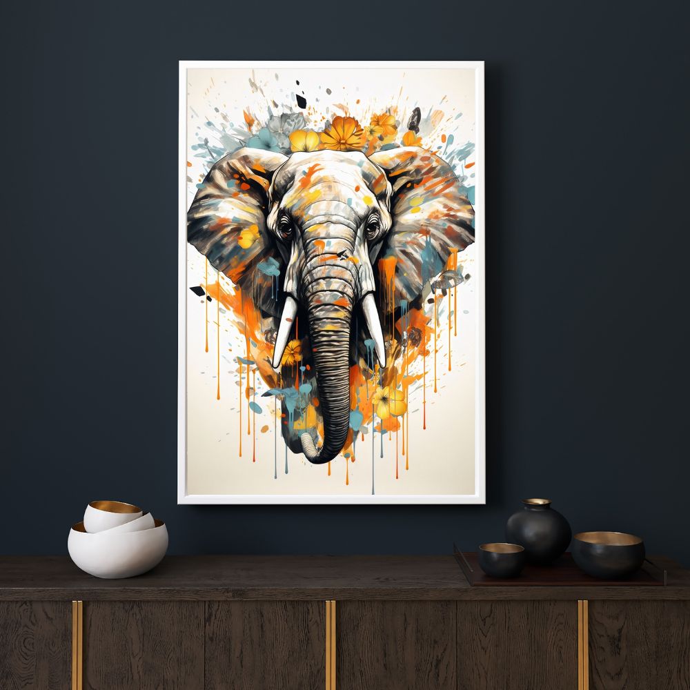 Touteladeco / Toile / Tableau / éléphant / tableau éléphant / pop art / fleurs / art mural / déco nature / toile moderne / couleurs douces / animal majestueux / décoration murale