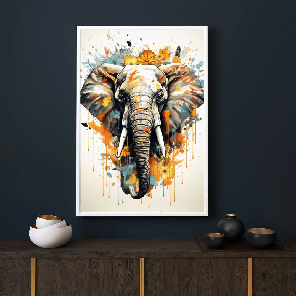 Touteladeco / Toile / Tableau / éléphant / tableau éléphant / pop art / fleurs / art mural / déco nature / toile moderne / couleurs douces / animal majestueux / décoration murale