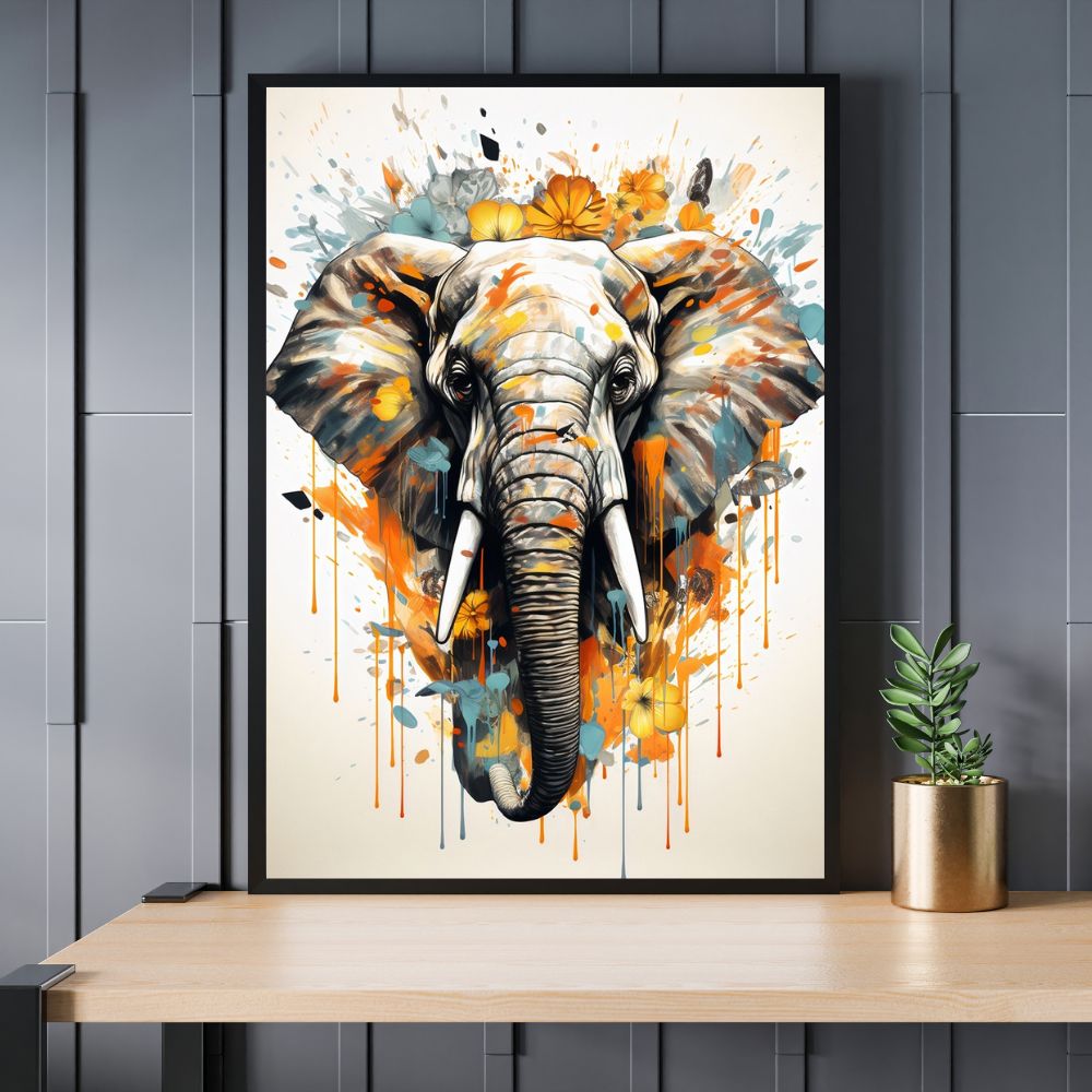 Touteladeco / Toile / Tableau / éléphant / tableau éléphant / pop art / fleurs / art mural / déco nature / toile moderne / couleurs douces / animal majestueux / décoration murale