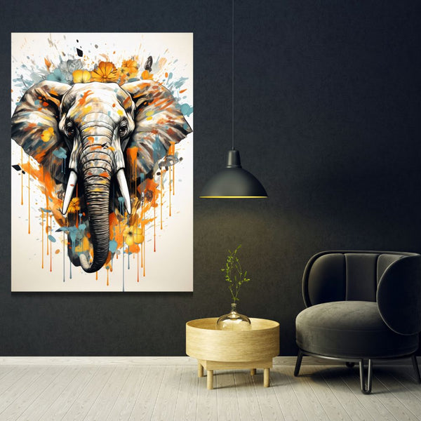 Touteladeco / Toile / Tableau / éléphant / tableau éléphant / pop art / fleurs / art mural / déco nature / toile moderne / couleurs douces / animal majestueux / décoration murale