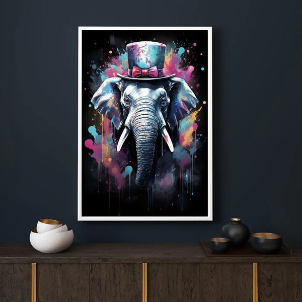 Touteladeco / toile / tableau / tableau éléphant / haut-de-forme / pop art / street art / déco originale / animal stylisé / toile moderne / art urbain / peinture colorée / Elephant Chapeau