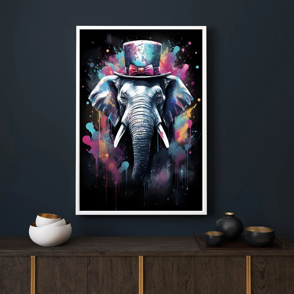 Touteladeco / toile / tableau / tableau éléphant / haut-de-forme / pop art / street art / déco originale / animal stylisé / toile moderne / art urbain / peinture colorée / Elephant Chapeau