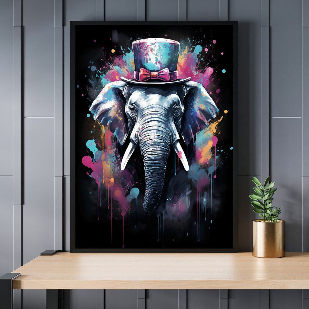 Touteladeco / toile / tableau / tableau éléphant / haut-de-forme / pop art / street art / déco originale / animal stylisé / toile moderne / art urbain / peinture colorée / Elephant Chapeau