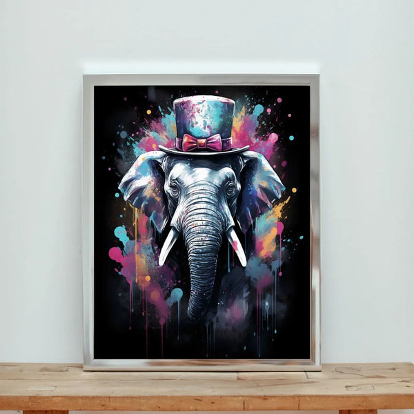 Touteladeco / toile / tableau / tableau éléphant / haut-de-forme / pop art / street art / déco originale / animal stylisé / toile moderne / art urbain / peinture colorée / Elephant Chapeau