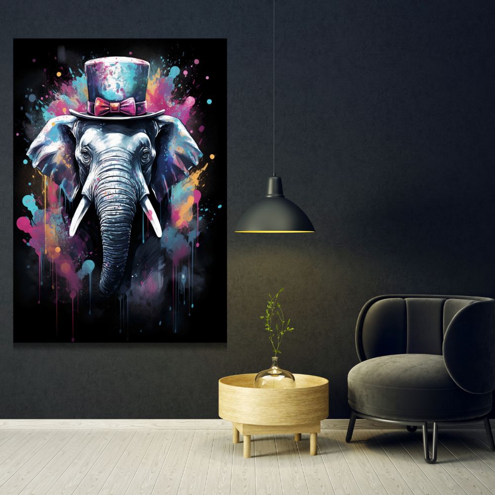 Touteladeco / toile / tableau / tableau éléphant / haut-de-forme / pop art / street art / déco originale / animal stylisé / toile moderne / art urbain / peinture colorée / Elephant Chapeau