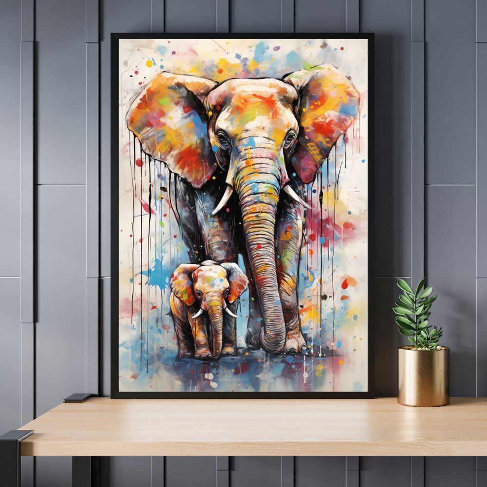 Touteladeco / Toile / tableau / tableau éléphant / pop art / famille / amour parental / déco murale / art coloré / street art animalier / toile moderne