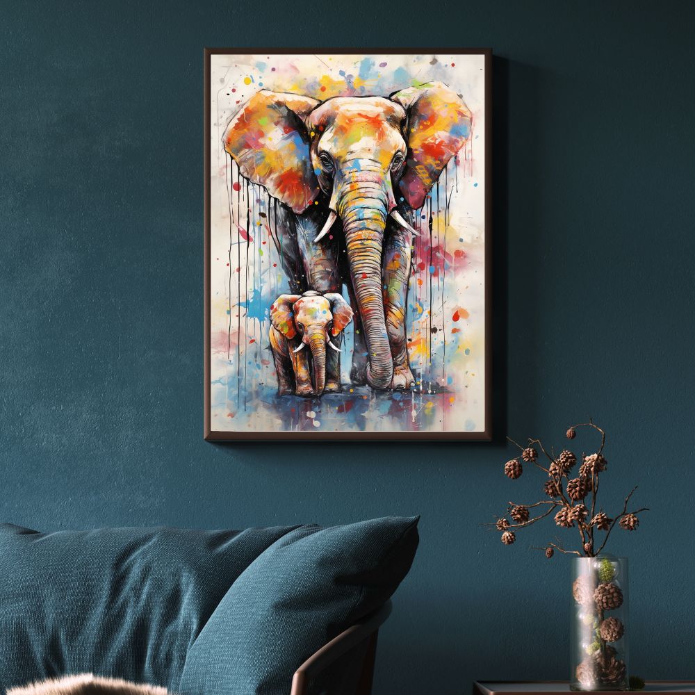 Touteladeco / Toile / tableau / tableau éléphant / pop art / famille / amour parental / déco murale / art coloré / street art animalier / toile moderne