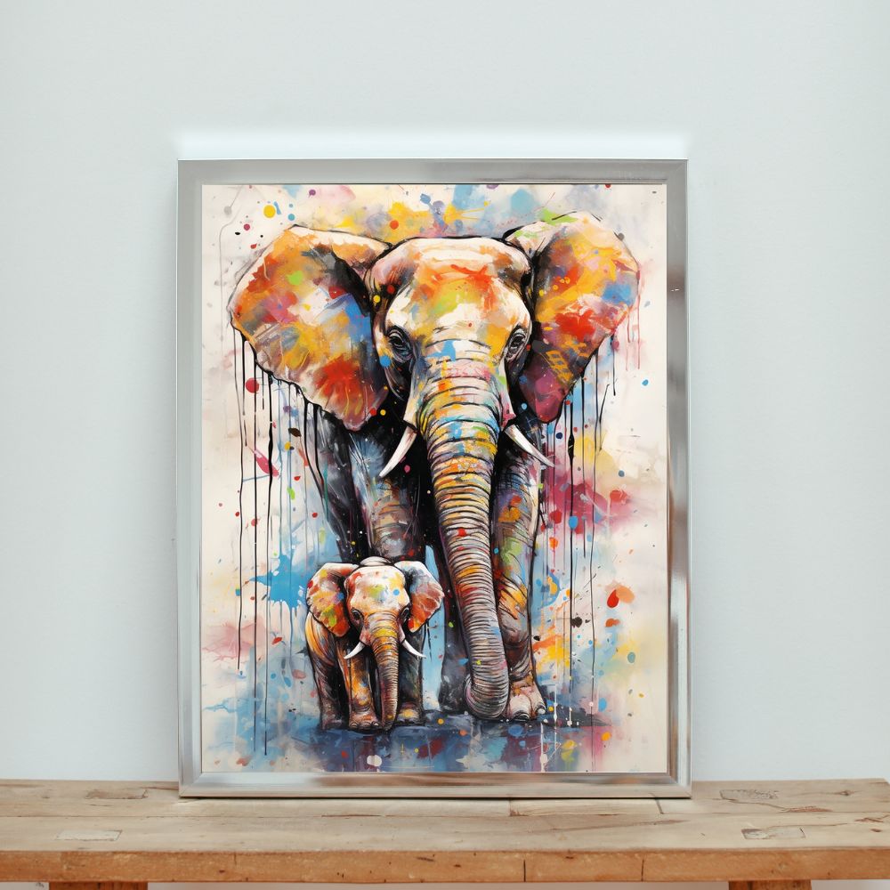 Touteladeco / Toile / tableau / tableau éléphant / pop art / famille / amour parental / déco murale / art coloré / street art animalier / toile moderne