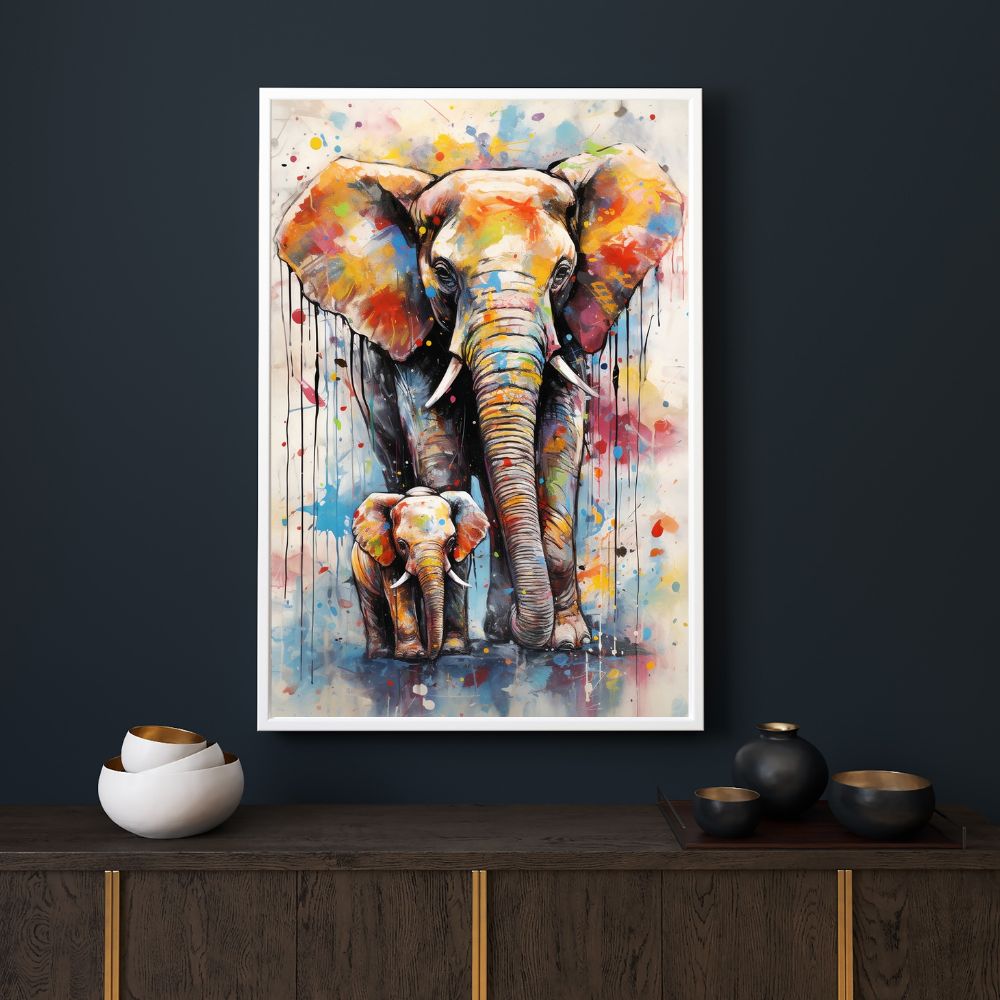 Touteladeco / Toile / tableau / tableau éléphant / pop art / famille / amour parental / déco murale / art coloré / street art animalier / toile moderne