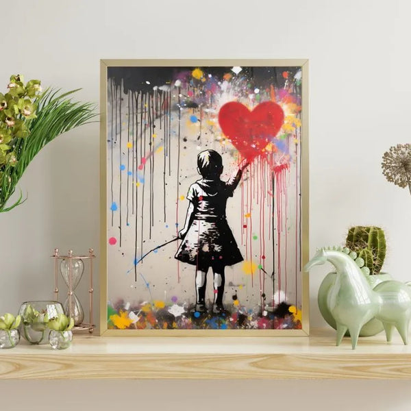 Touteladeco / Tableau Art / Banksy / Street Art / Enfant / Ballon / Coeur / Graffiti / Pop Art / Décoration Murale / Décoration de maison / Moderne / Toile