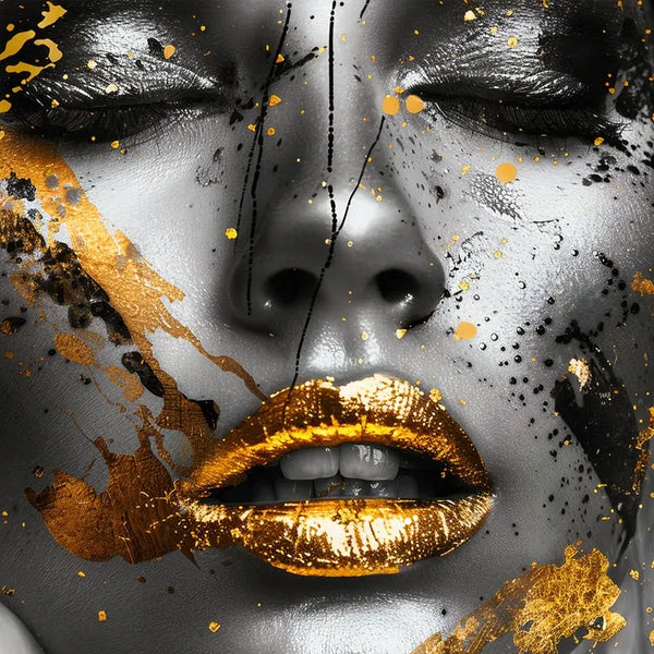 Touteladeco / Toile / Tableau / tableau femme / art glamour / visage doré / bouche or / décoration moderne / style luxe / art contemporain / mur design / tableau noir et or