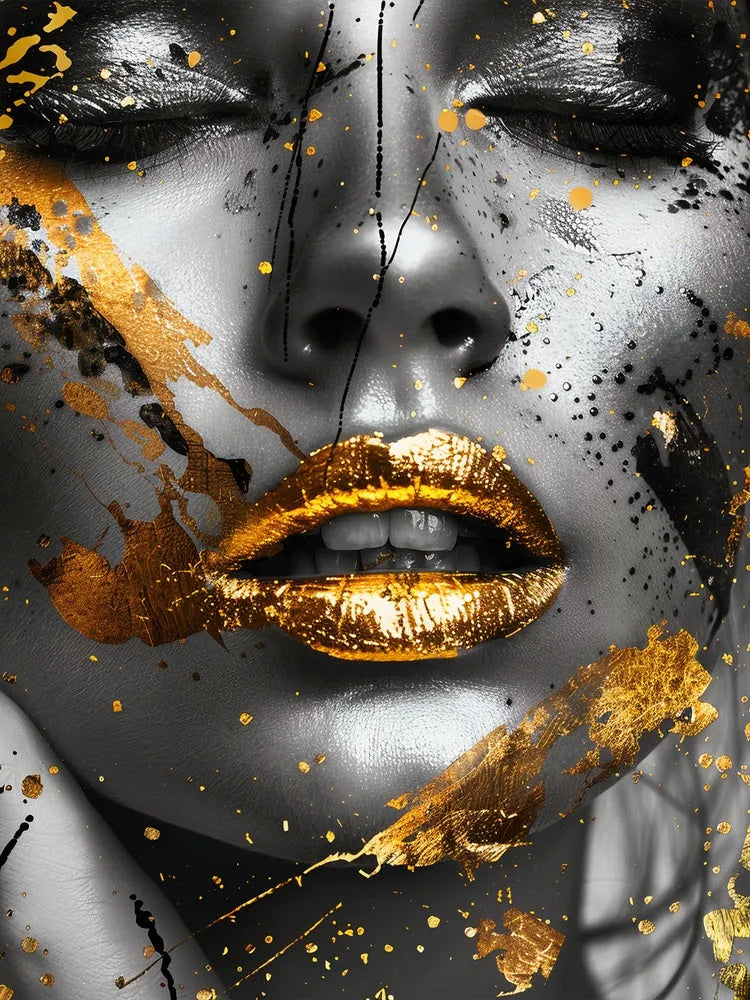Touteladeco / Toile / Tableau / tableau femme / art glamour / visage doré / bouche or / décoration moderne / style luxe / art contemporain / mur design / tableau noir et or