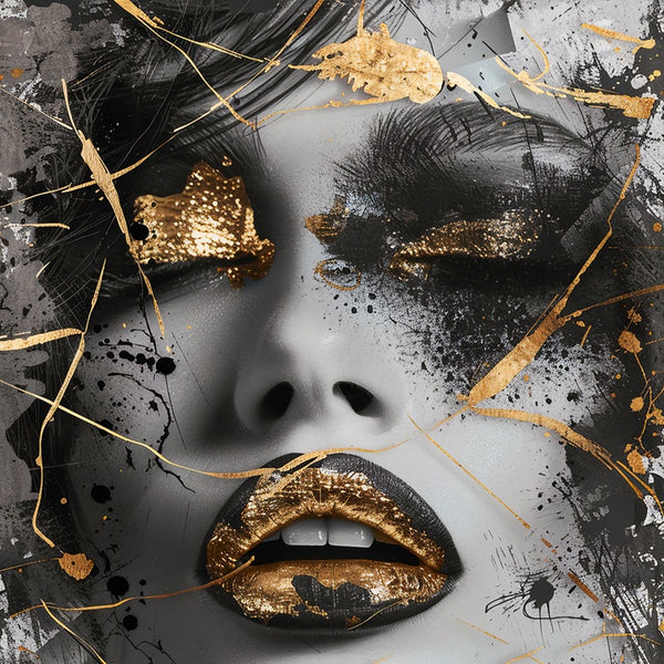 Touteladeco / Toile / Tableau / tableau femme / portrait or noir / art mural glamour / bouche dorée / femme élégante / street art moderne / toile décorative urbaine