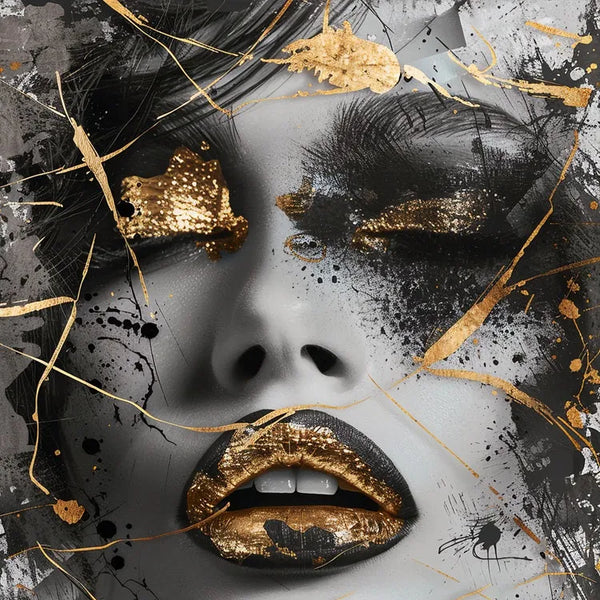 Touteladeco / Toile / Tableau / tableau femme / portrait or noir / art mural glamour / bouche dorée / femme élégante / street art moderne / toile décorative urbaine