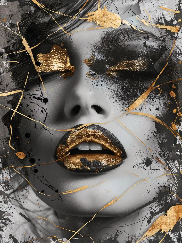 Touteladeco / Toile / Tableau / tableau femme / portrait or noir / art mural glamour / bouche dorée / femme élégante / street art moderne / toile décorative urbaine