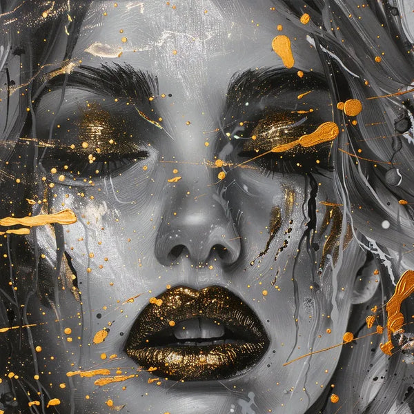 Touteladeco / Toile / Tableau / tableau femme / art mural féminin / portrait doré / bouche or / déco moderne / femme mystérieuse / street art élégant
