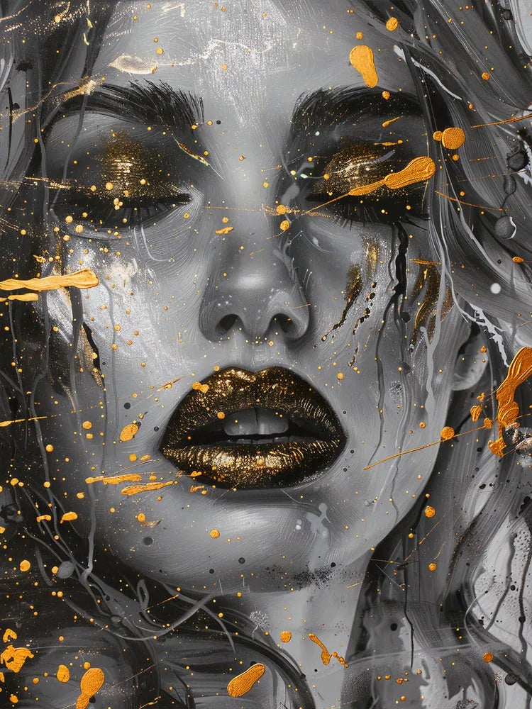 Touteladeco / Toile / Tableau / tableau femme / art mural féminin / portrait doré / bouche or / déco moderne / femme mystérieuse / street art élégant