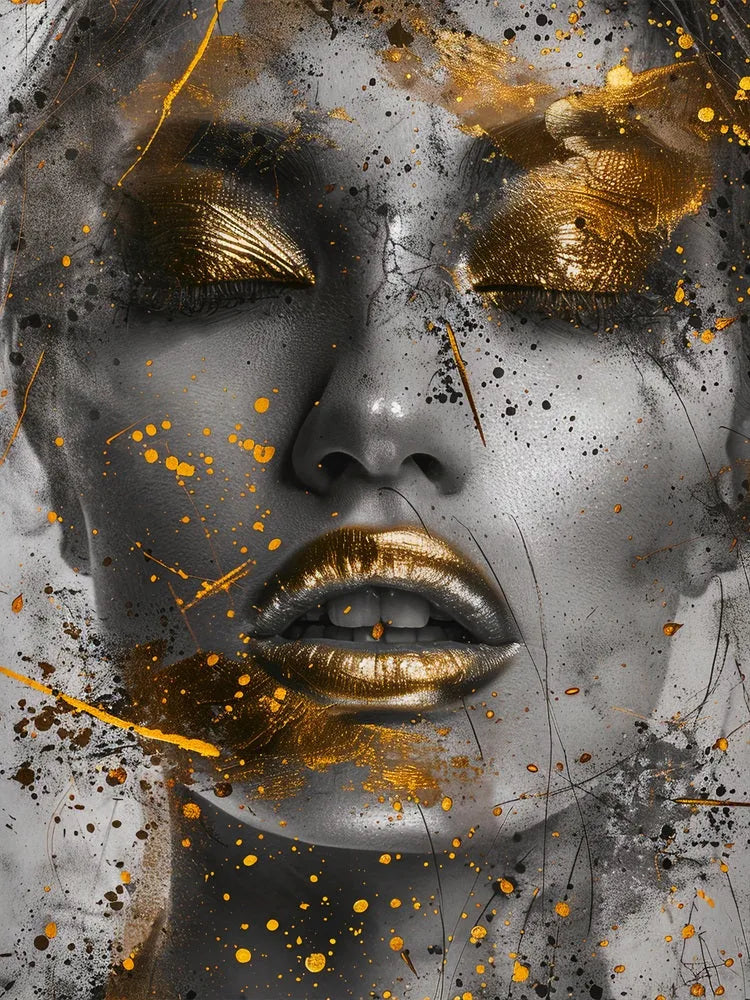 Touteladeco / Toile / Tableau / tableau femme dorée / art contemporain noir et or / décoration glamour / portrait féminin moderne / toile murale élégante