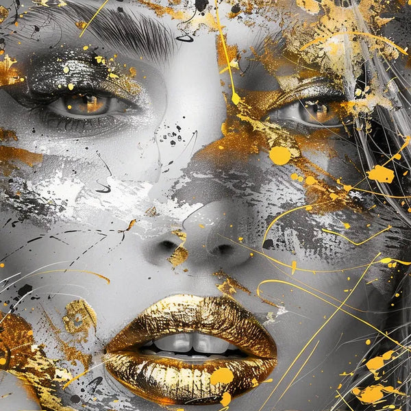 Touteladeco / Toile / Tableau / tableau femme / visage doré / art mural moderne / street art / décoration murale / tableau glamour / portrait féminin / toile luxe