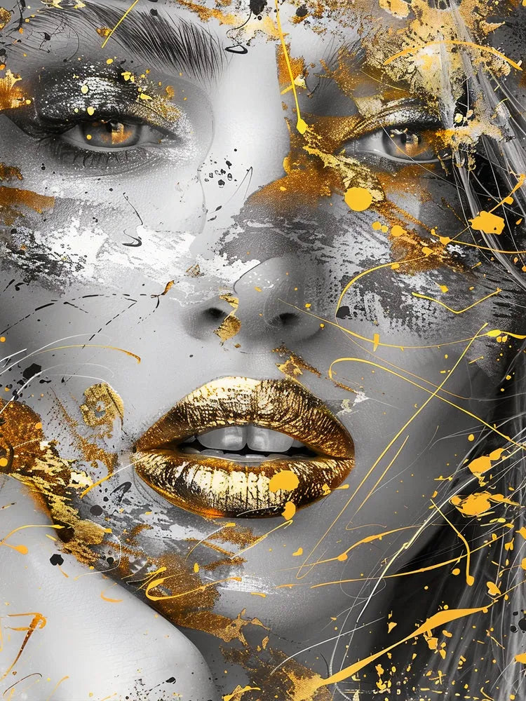 Touteladeco / Toile / Tableau / tableau femme / visage doré / art mural moderne / street art / décoration murale / tableau glamour / portrait féminin / toile luxe