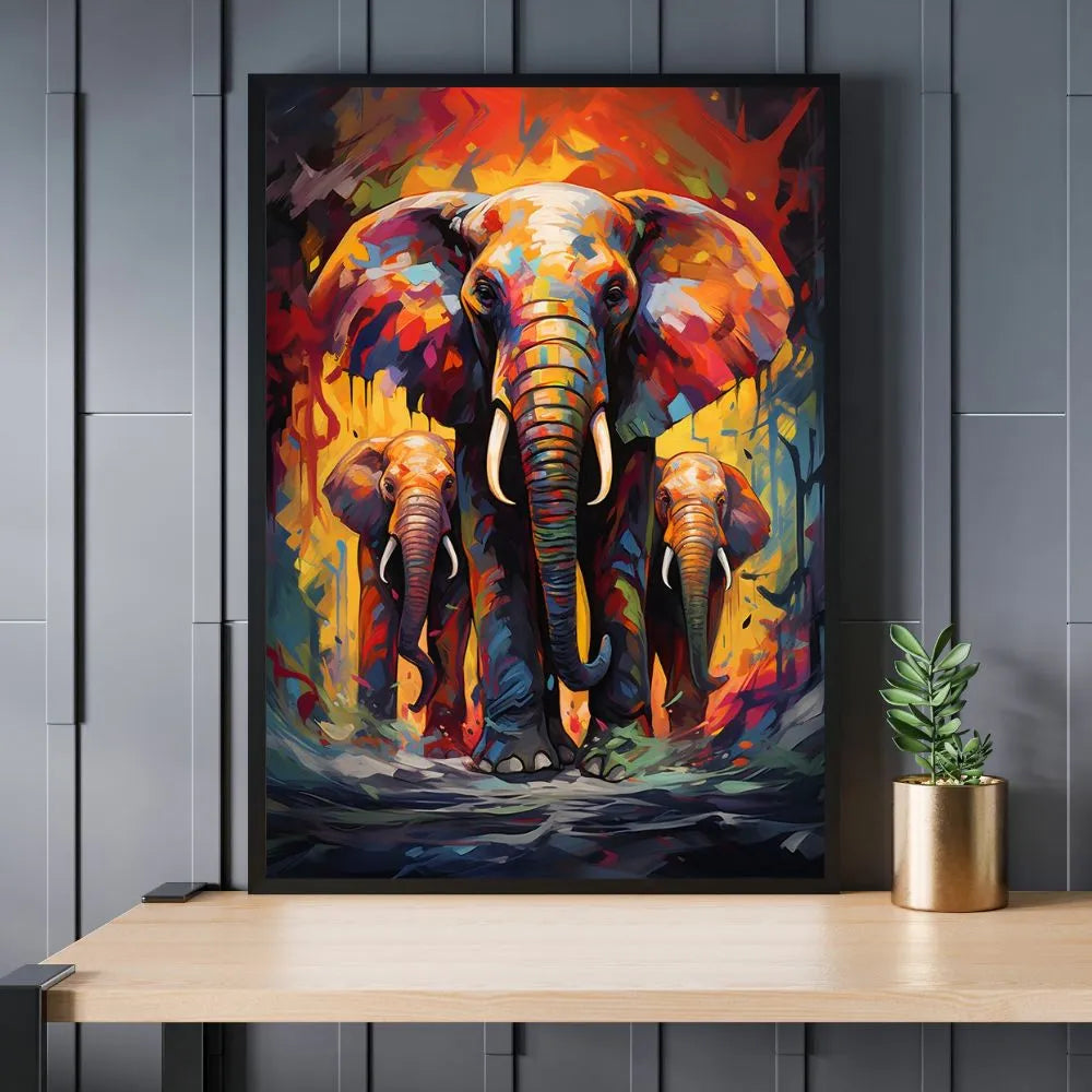 Touteladeco / Toile / Tableau / éléphant / famille éléphants / pop art / tableau animal / décoration murale / art urbain / street art / toile moderne / couleurs vives / puissance