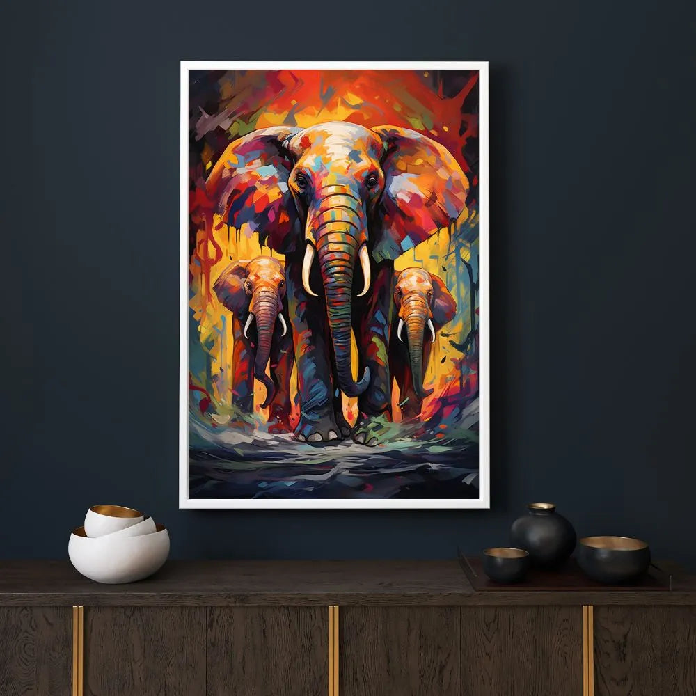 Touteladeco / Toile / Tableau / éléphant / famille éléphants / pop art / tableau animal / décoration murale / art urbain / street art / toile moderne / couleurs vives / puissance