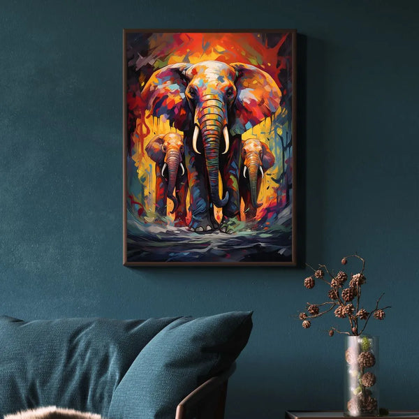 Touteladeco / Toile / Tableau / éléphant / famille éléphants / pop art / tableau animal / décoration murale / art urbain / street art / toile moderne / couleurs vives / puissance