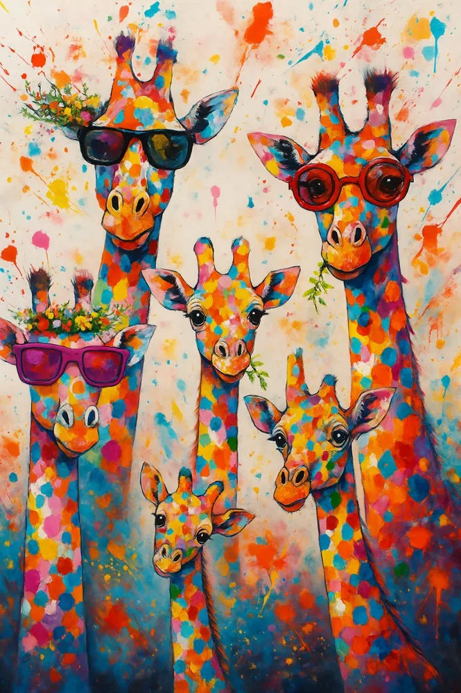 tableau girafe / décoration enfant / girafe pop art / toile rigolote / animaux fun déco / art mural coloré / tableau famille rigolote