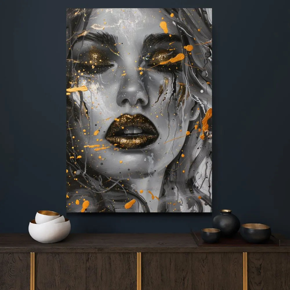 Touteladeco / Toile / Tableau / tableau femme / art mural féminin / portrait doré / bouche or / déco moderne / femme mystérieuse / street art élégant