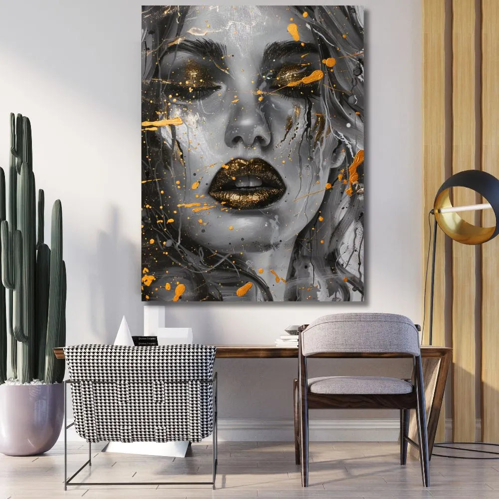 Touteladeco / Toile / Tableau / tableau femme / art mural féminin / portrait doré / bouche or / déco moderne / femme mystérieuse / street art élégant