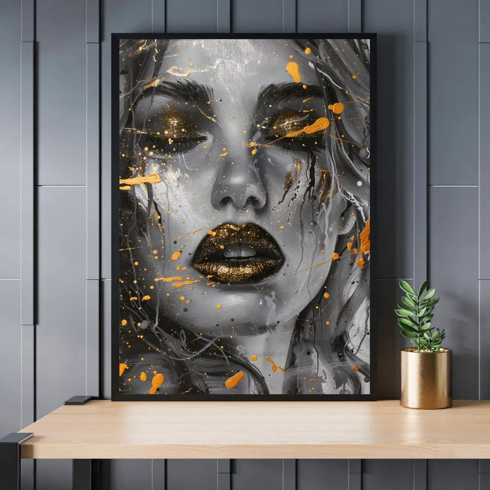 Touteladeco / Toile / Tableau / tableau femme / art mural féminin / portrait doré / bouche or / déco moderne / femme mystérieuse / street art élégant